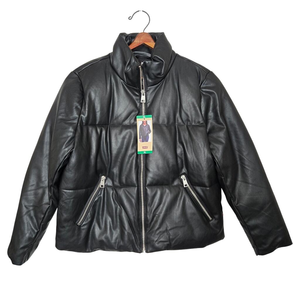 New Levi Strauss Faux Leather Short Puffer Zip up Black Women's Jacket Size XL - Picture 5 of 11